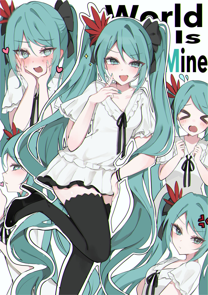 &gt;_&lt; 1girl :o absurdres annoyed aqua_eyes aqua_hair aqua_nails black_ribbon black_shoes black_skirt black_thighhighs blush clone commentary_request dress english_text fang flustered hair_between_eyes hair_ornament hair_ribbon hand_on_own_face hand_on_own_hip hatsune_miku hatsune_miku_(supreme) heart high_heels highres long_hair looking_at_viewer miniskirt multiple_persona nervous open_mouth pout project_diva_(series) ribbon shoes short_sleeves sidelocks skirt smile standing standing_on_one_leg stiletto_heels sweat sweatdrop thighhighs thighs twintails very_long_hair vocaloid waimoniku white_background white_dress world_is_mine_(vocaloid) wristband zettai_ryouiki