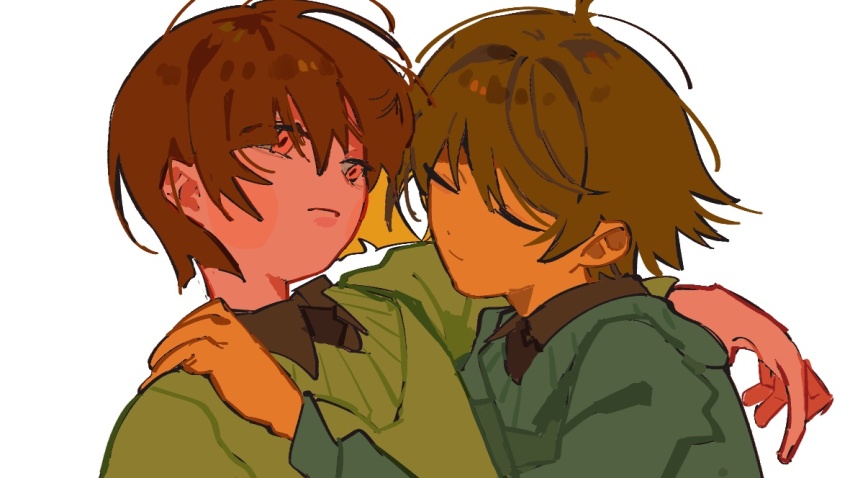 2others ahoge arm_on_another&#039;s_shoulder artistlove_knm black_shirt blonde_hair blue_sweater brown_hair chara_(undertale) closed_eyes closed_mouth collared_shirt colored_inner_hair colored_skin frisk_(undertale) green_sweater hair_between_eyes hand_on_another&#039;s_shoulder hand_up looking_at_another multicolored_hair multiple_others orange_skin other_focus pink_skin red_eyes shirt short_hair simple_background smile sweater undertale upper_body utdr_(toby_fox) white_background