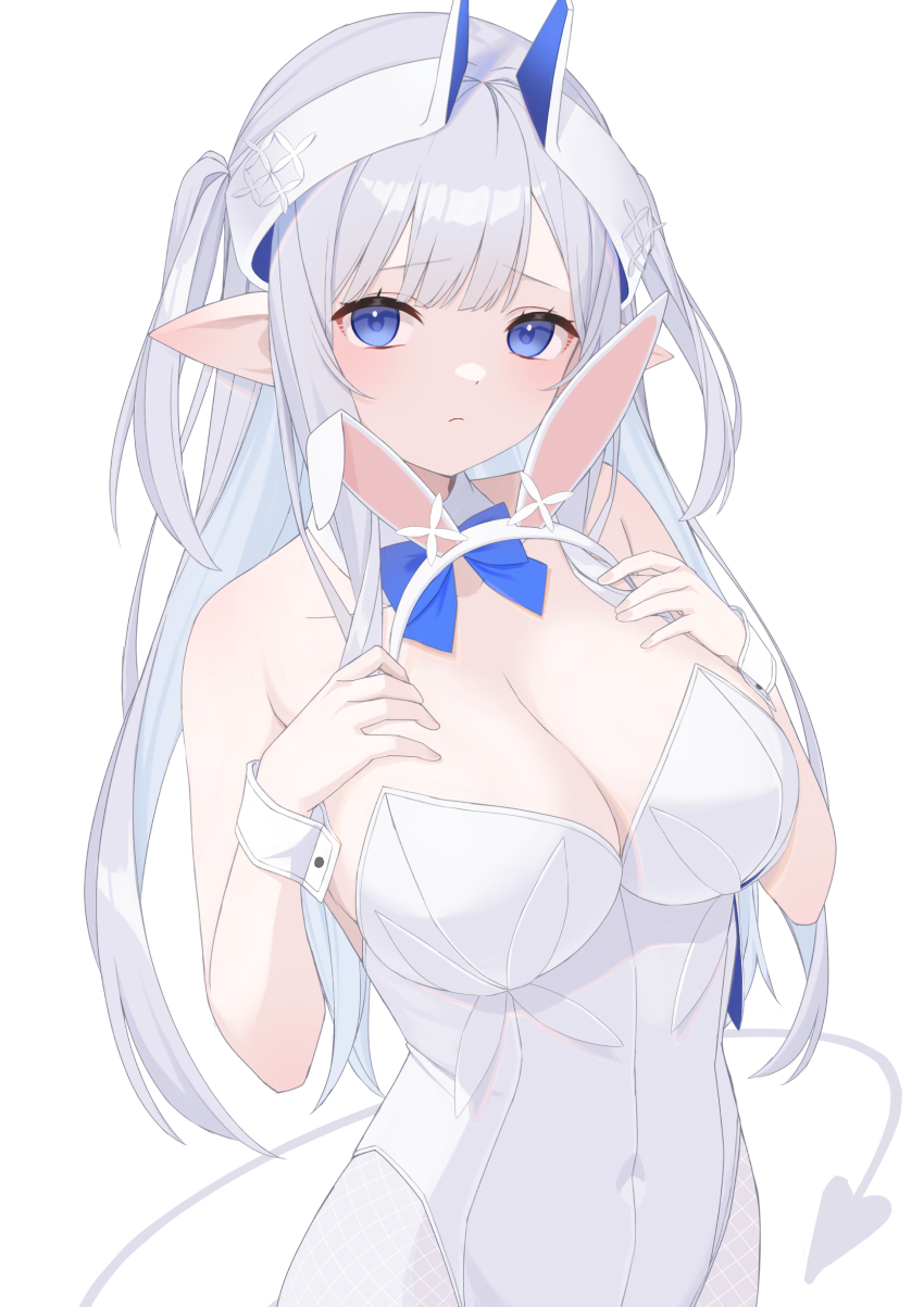 1girl absurdres animal_ears blue_bow blue_eyes bow breasts cleavage closed_mouth collar collarbone commentary_request covered_navel demon_girl demon_horns demon_tail detached_collar fake_animal_ears fishnet_pantyhose fishnets grey_hair hairband hands_up hashiko_nowoto highres holding_hairband horns large_breasts leotard long_hair looking_at_viewer original pantyhose pointy_ears rabbit_ears simple_background solo strapless strapless_leotard tail two_side_up unworn_hairband very_long_hair white_background white_collar white_hairband white_leotard white_pantyhose wing_collar wrist_cuffs