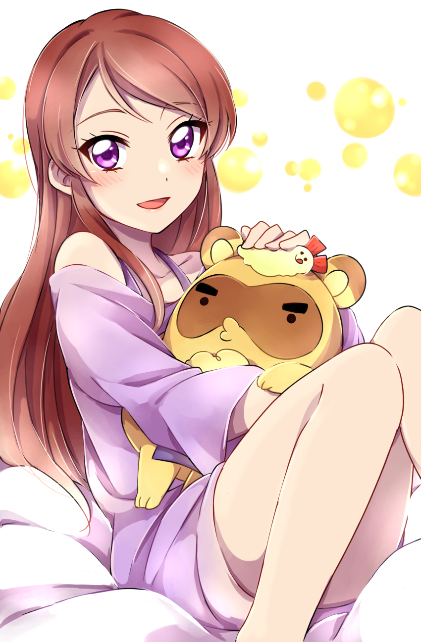 10s 1girl absurdres aikatsu! aikatsu!_(series) blush brown_hair ebipon female_focus highres long_hair looking_at_viewer off_shoulder open_mouth purple_eyes sekina shibuki_ran smile solo stuffed_animal stuffed_toy