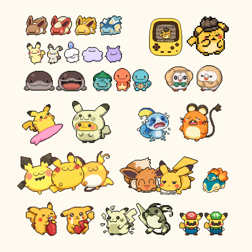 animal_focus artist_name bulbasaur candle charmander chibi clodsire clothed_pokemon cosplay crying cyndaquil dedenne detective_pikachu_(character) detective_pikachu_(series) ditto eevee flareon gen_1_pokemon gen_2_pokemon gen_5_pokemon gen_6_pokemon gen_7_pokemon gen_8_pokemon gotcha! hat highres jolteon ketchup_bottle kigurumi litwick luigi luigi_(cosplay) mario mario_(cosplay) mario_(series) mimikyu nintendo no_humans open_mouth pichu pikachu pikachu_(cosplay) pixel_art pocket_pikachu pokemon pokemon_(creature) pokemon_rgby raichu rizu_(rizunm) rowlet self_cosplay simple_background smiley_face sobble squirtle surfboard surfing surfing_pikachu tail tears transformed_ditto vaporeon yellow_background