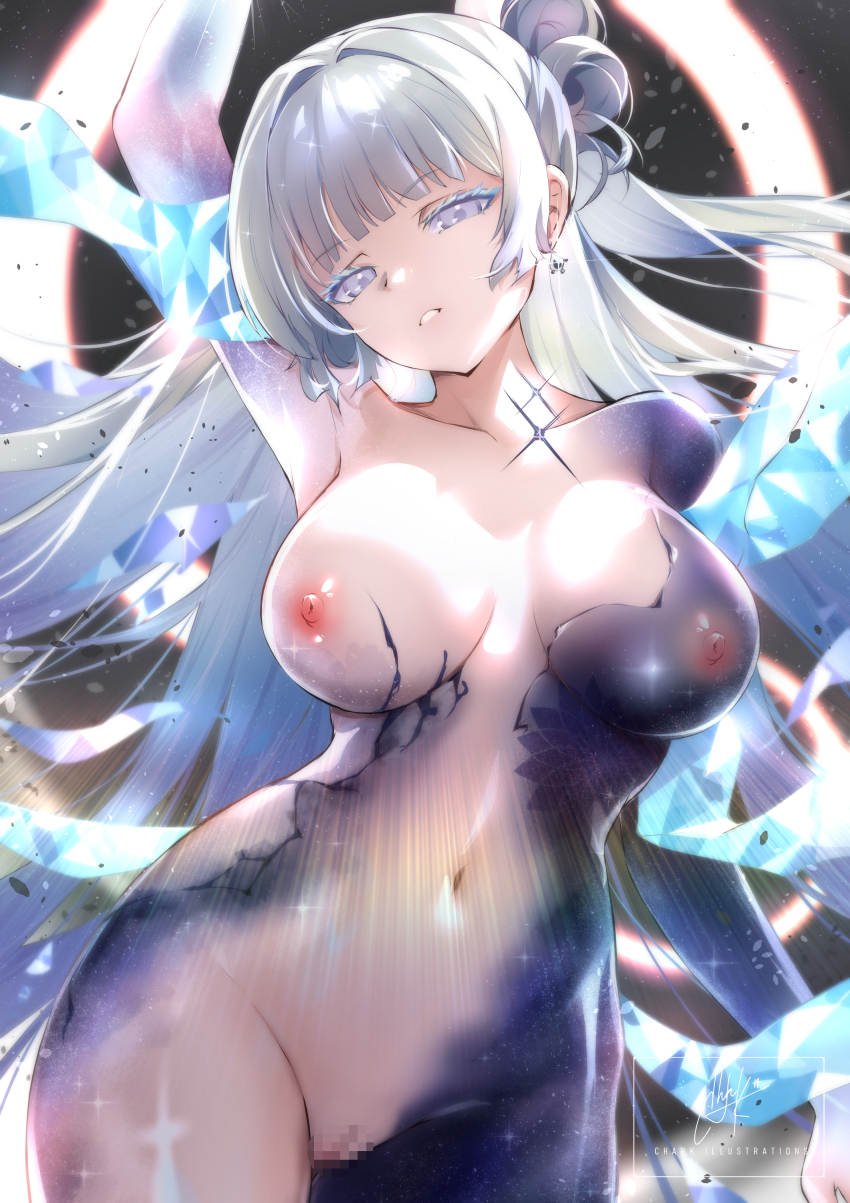 1girl absurdres bodysuit breasts censored chark14 colored_eyelashes commentary goddess_of_victory:_nikke highres large_breasts long_hair looking_at_viewer mosaic_censoring multicolored_bodysuit navel nayuta_(nikke) nayuta_(wu_wei)_(nikke) nipples official_alternate_costume parted_lips pussy solo space_skin split-color_clothes two-tone_bodysuit unusually_open_eyes very_long_hair water_sleeves white_eyelashes white_eyes white_hair