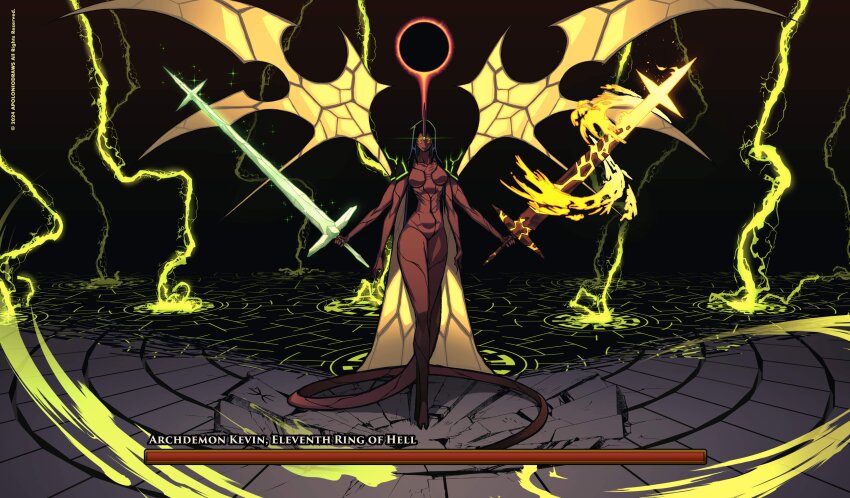 1girl absurdres apoloniodraws ben_10 black_hair black_sun boss_fight colored_skin commentary commission crack cracked_floor crystal_sword demon_girl dual_wielding english_commentary extra_arms extra_eyes fire flaming_sword flaming_weapon genderswap genderswap_(mtf) gills glowing glowing_eye health_bar highres holding insect_wings kevin_levin looking_at_viewer mutation red_skin staring sun sword weapon wings
