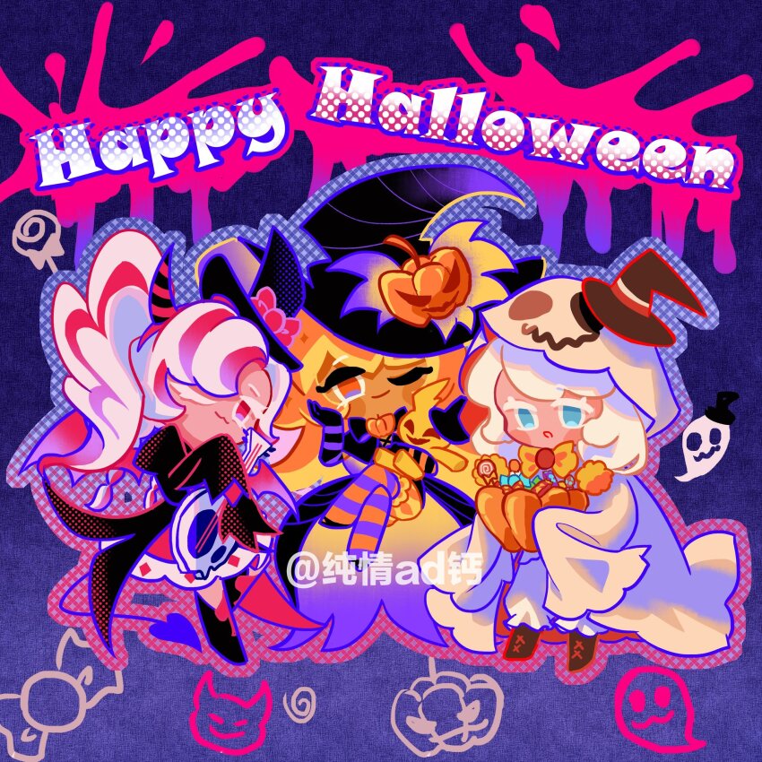 3girls :o ;) ;3 ankle_boots black_bow black_bowtie black_coat black_hat black_shoes blue_background blue_eyes blue_outline blue_tail boots bow bowtie brown_boots bucket candy cape character_request check_character closed_mouth coat commentary cookie_run cookie_run:_kingdom cream_puff_cookie crossed_legs demon_horns demon_tail dress food full_body geruideyundongxie ghost ghost_costume gradient_outline halftone halloween_bucket hand_on_own_cheek hand_on_own_face happy_halloween hat hat_tip highres holding holding_bucket holding_instrument holding_stuffed_toy horns instrument lace-up_boots large_hat long_hair long_sleeves looking_at_viewer mini_hat mini_witch_hat multicolored_hair multicolored_horns multiple_girls no_pupils official_alternate_hair_color official_alternate_hairstyle one_eye_closed open_clothes open_coat open_mouth orange_eyes orange_hair orange_pantyhose outline pantyhose parfait_cookie pink_dress pink_hair pink_outline pompon_(cookie_run) pumpkin_hat_ornament pumpkin_pie_cookie purple_pantyhose red_eyes shoes short_hair simple_background sleeves_past_fingers sleeves_past_wrists smile standing standing_on_one_leg streaked_hair striped_clothes striped_horns striped_pantyhose stuffed_animal stuffed_toy symbol-only_commentary tail top_hat twintails two-sided_cape two-sided_fabric two-tone_hair two-tone_horns two-tone_pantyhose white_hair wide_sleeves witch_hat wrapped_candy