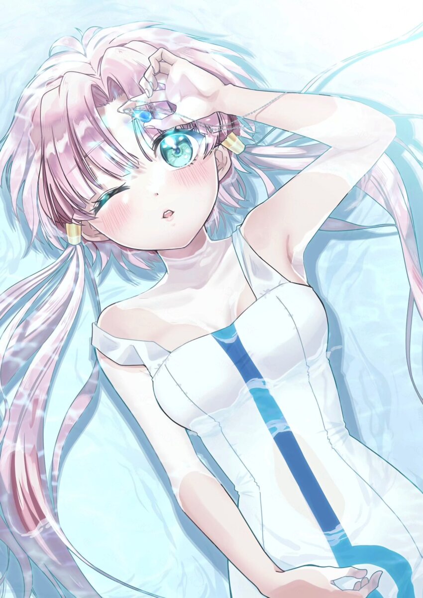 1girl aogirism aqua_eyes aria_(manga) aria_company_uniform arm_up armpits bare_shoulders blush breasts cleavage collarbone cowboy_shot dress eyelashes from_above hair_tubes highres holding looking_at_viewer lying mizunashi_akari on_back one_eye_closed open_mouth parted_bangs partially_submerged short_hair_with_long_locks small_breasts solo strap_slip water wet white_dress