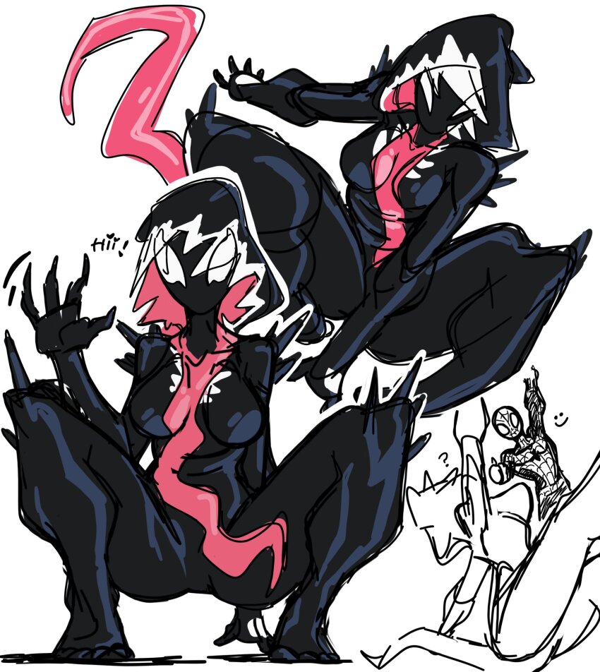 black_bodysuit bodysuit breasts claws gwenom highres hood hooded_bodysuit living_clothes long_tongue marvel medium_breasts outline sketch spider-gwen spider-man spider-man_(series) spread_legs superhero_costume symbiote t1tans90 tongue venom_(marvel) very_long_tongue white_background white_outline