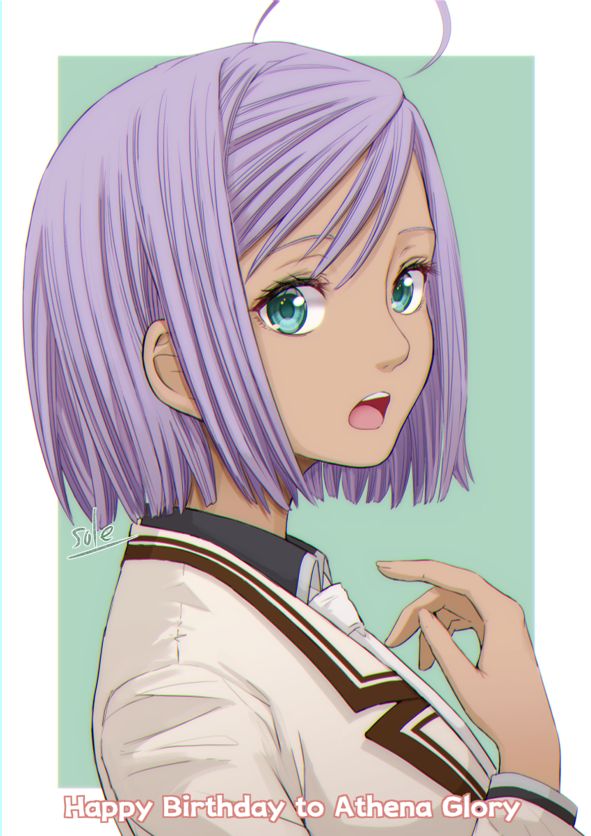 1girl ahoge aqua_eyes aria_(manga) artist_name athena_glory border collared_shirt dark-skinned_female dark_skin english_text eyelashes from_side green_background hand_up happy_birthday highres long_sleeves looking_at_viewer medium_hair necktie open_mouth parted_bangs portrait purple_hair school_uniform shirt signature solo swept_bangs teeth telaform upper_teeth_only white_border white_necktie