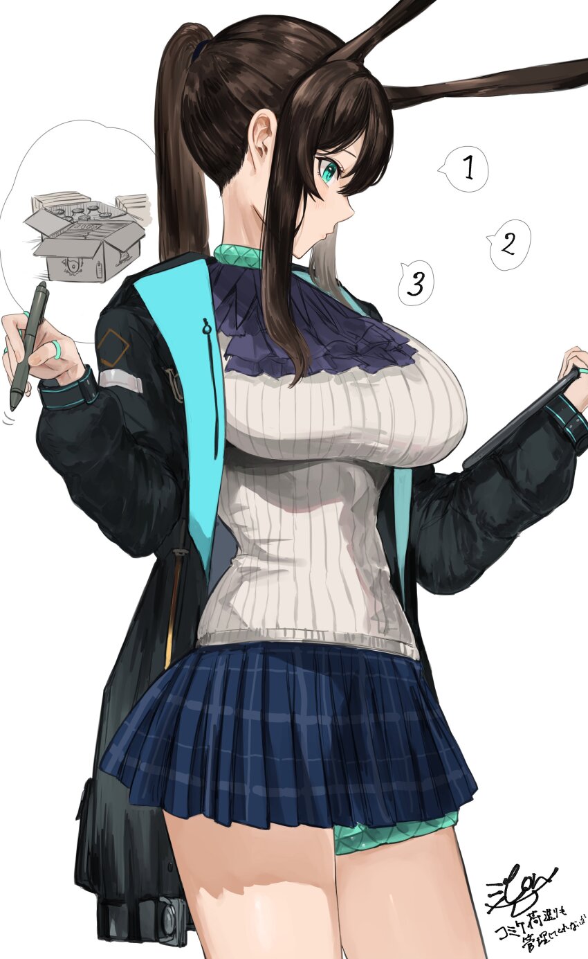 1girl absurdres aged_up alternate_breast_size amiya_(arknights) animal_ears arknights ascot black_coat blue_eyes blue_skirt blush box breasts brown_hair coat commentary counting cowboy_shot frilled_ascot frills hair_pulled_back highres holding holding_stylus holding_tablet_pc impossible_clothes impossible_shirt jewelry kajuu large_breasts long_hair miniskirt multiple_rings neck_ring open_clothes open_coat parted_lips plaid_clothes plaid_skirt pleated_skirt ponytail purple_ascot rabbit_ears rabbit_girl ribbed_shirt ring shirt sidelocks signature simple_background skirt solo standing stylus tablet_pc thighlet thumb_ring white_background white_shirt