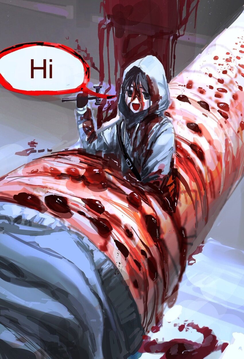 atmospheric_perspective belt black_eyes black_hair blood blood_on_arm blood_on_clothes blood_on_face c1grhin cry_of_fear english_text grey_hoodie hammer highres holding holding_hammer hood hood_up hoodie injury open_mouth self-harm simon_henriksson simon_henriksson_(book) speech_bubble wrist_cutting