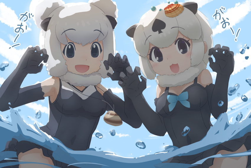 2girls :3 alaskan_sea_otter_(kemono_friends) animal_ears blue_bow blue_one-piece_swimsuit blush bow californian_sea_otter_(kemono_friends) claw_pose da_(bobafett) double_bun elbow_gloves frilled_one-piece_swimsuit frilled_swimsuit frills gloves grey_eyes grey_gloves grey_hair grey_one-piece_swimsuit hair_bun jewelry kemono_friends looking_at_viewer multicolored_hair multiple_girls necklace one-piece_swimsuit open_mouth otter_ears otter_girl partially_submerged partially_underwater_shot shell shell_hair_ornament shell_necklace short_hair swimsuit translation_request two-tone_hair underwater water white_hair