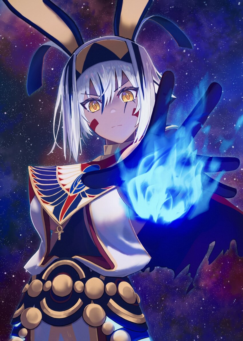 1girl ancient_egyptian_clothes animal_ears ankh ankh_necklace black_hair blue_fire bomberca309 closed_mouth commentary_request dark-skinned_female dark_skin facial_mark fate/grand_order fate_(series) fire highres jackal_ears jewelry looking_at_viewer magic multicolored_hair necklace nitocris_(fate) nitocris_alter_(fate) nitocris_alter_(second_ascension)_(fate) short_hair solo star_(sky) streaked_hair two-tone_hair usekh_collar white_hair yellow_eyes