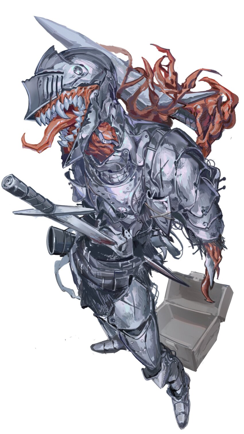 absurdres armor box breastplate commentary full_body greaves helm helmet highres impaled long_tongue mimic monster nameno92372763 original pauldrons sharp_teeth sheath shoulder_armor simple_background solo standing sword teeth tongue weapon white_background wooden_box