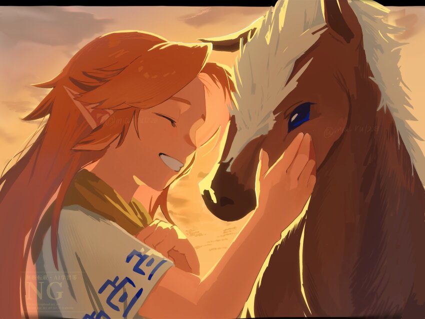 1girl ^_^ black_border blue_eyes border closed_eyes commentary_request epona highres horse long_hair malon mia_ru1228 nintendo orange_hair outdoors outside_border pointy_ears smile solo standing teeth the_legend_of_zelda the_legend_of_zelda:_ocarina_of_time watermark