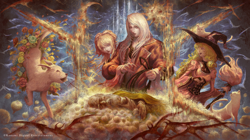 2boys 2girls 3others aleksi_remes bald beard black_corset black_hat black_lips blonde_hair bow breasts broom cape castlevania:_harmony_of_dissonance castlevania_(series) cat closed_eyes coat commentary company_name corset crescent crescent_moon curly_hair dog dress english_commentary facial_hair flower garlic giovanna_grana green_cape green_hair grey_hair hair_bow hat highres holding holding_broom holding_whip juste_belmont long_hair lydie_elranger mixed-language_commentary moon multiple_boys multiple_girls multiple_others o&#039;sole_meeo official_art old old_man pink_dress poe_ratcho red_coat rose short_hair sleeping small_breasts smile straight_hair trench_coat twintails vampire vampire_survivors whip white_cat white_dog white_hair witch_hat