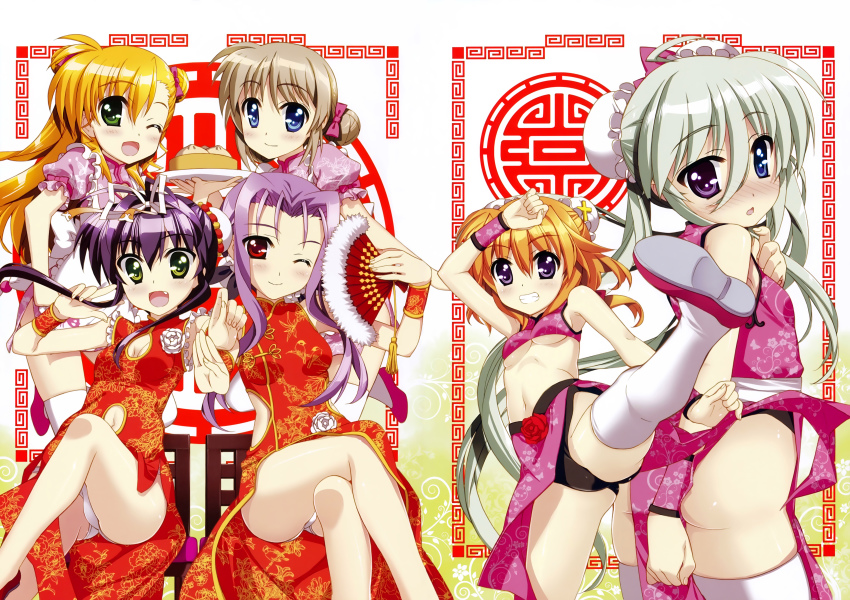 10s 6+girls absurdres breasts chantez_apinion chinese_clothes cleavage corona_timir double_bun einhard_stratos folding_fan fujima_takuya hair_bun hand_fan heterochromia highres huge_filesize long_hair lutecia_alpine lyrical_nanoha mahou_shoujo_lyrical_nanoha mahou_shoujo_lyrical_nanoha_vivid multiple_girls one_eye_closed panties rio_wezley short_hair small_breasts smile underwear vivio