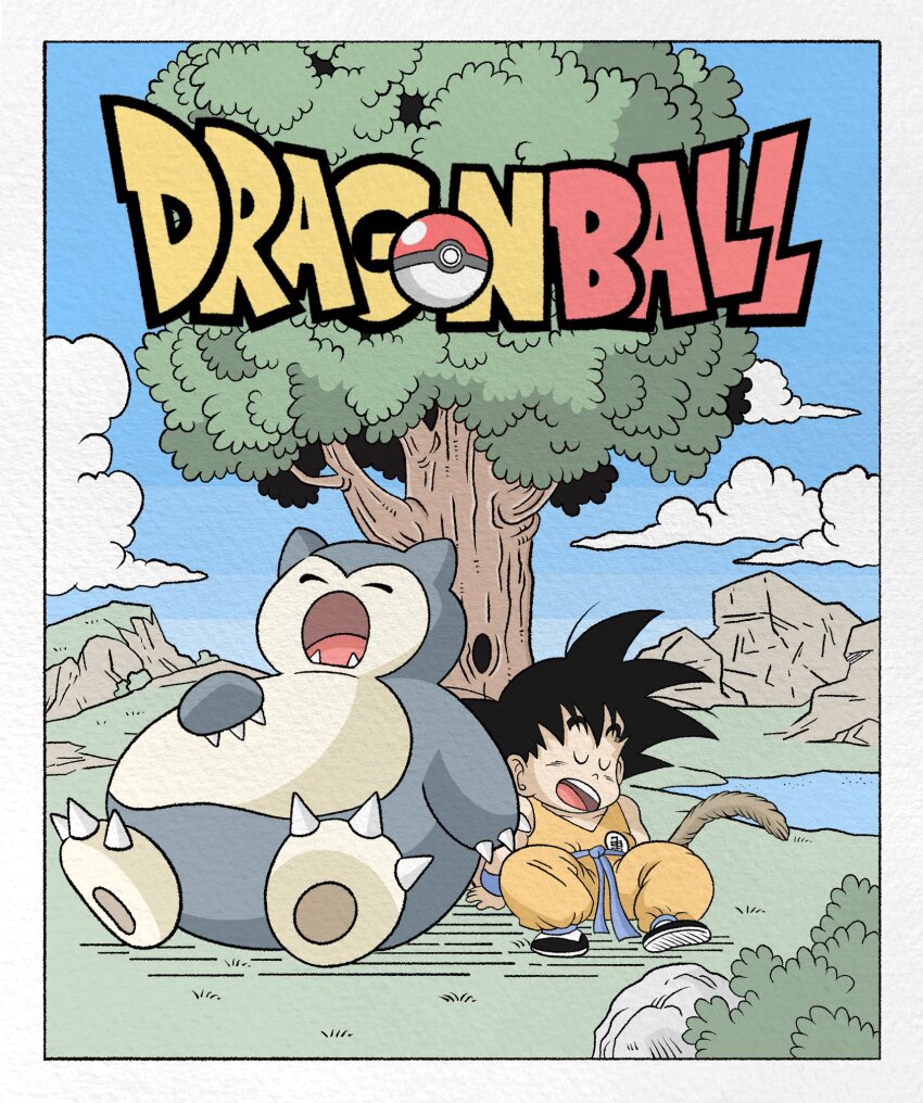 1boy black_hair blue_fur blue_sky border closed_eyes cloud copyright_name day dragon_ball english_text gen_1_pokemon grass highres nintendo open_mouth outdoors outside_border poke_ball poke_ball_(basic) pokemon pokemon_(creature) sky sleeping snorlax son_goku tail teeth tree two-tone_fur upper_teeth_only wesatinthecar white_border white_fur