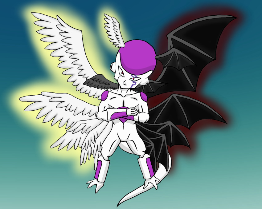 1boy alien angel_wings artist_request aura demon_wings digimon digimon_frontier dragon_ball facial_tattoo frieza full_body glowing highres lucemon_falldown_mode muscular nakao_ryuusei pectorals red_eyes tail tattoo voice_actor_connection wings