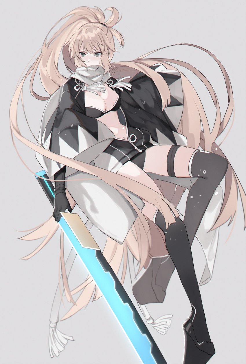 1girl absurdres bikini breasts fate/grand_order fate_(series) female_focus gloves grey_background highres long_hair navel okita_j._souji_(fate) okita_j._souji_(second_ascension)_(fate) okita_souji_(fate) ponytail scarf solo swimsuit sword thighhighs very_long_hair weapon wide_sleeves yurumawari
