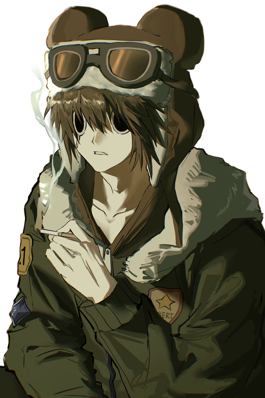 1boy absurdres animal_hat aviator_cap aviator_goggles black_eyes brown_hair buzhidaoshenmexiangchangmao cigarette green_jacket hand_up hat highres holding holding_cigarette jacket male_focus mouse_hat present_day_problem_takeuchi_robert randal&#039;s_friends short_hair simple_background smoke solo teardrop upper_body white_background