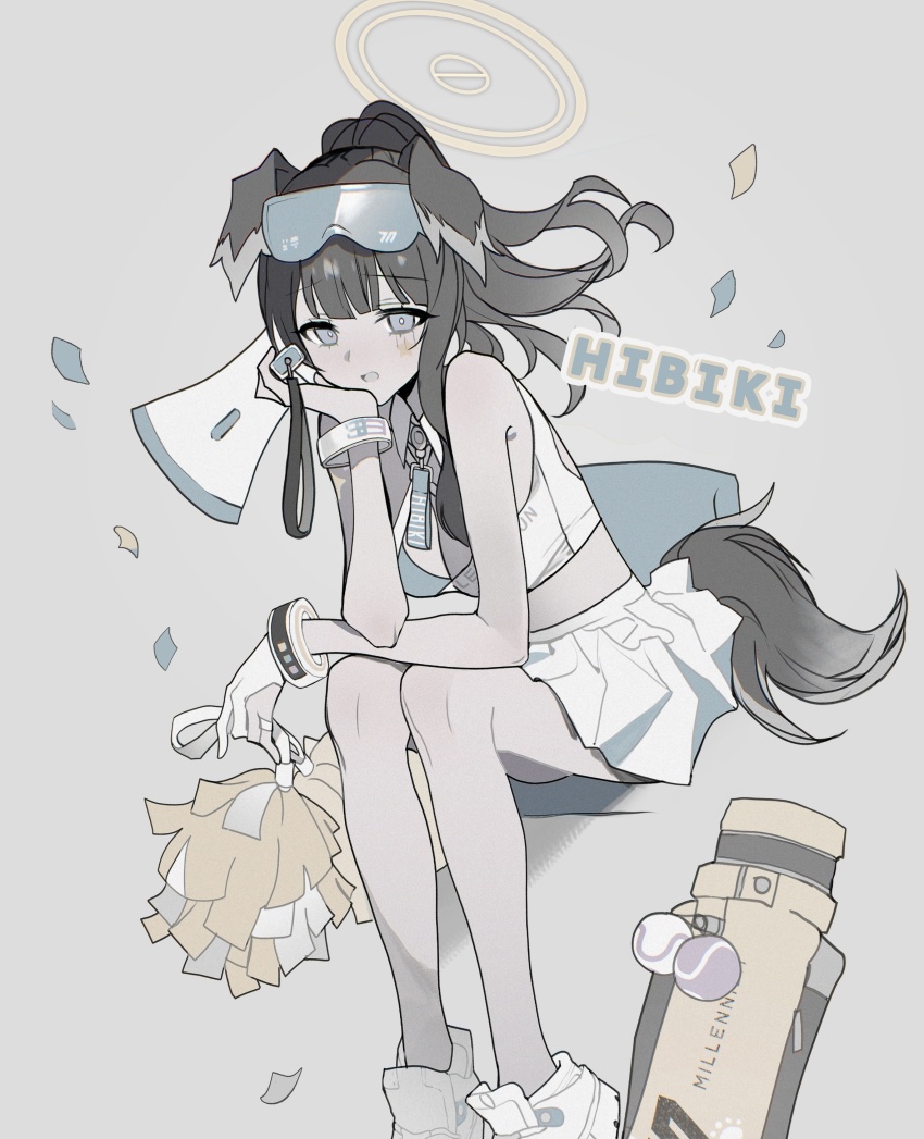 1girl absurdres ajirui animal_ears bag baseball black_hair blue_archive character_name dog_ears dog_girl dog_tail duffel_bag elbow_rest goggles goggles_on_head grey_background halo head_rest hibiki_(blue_archive) hibiki_(cheer_squad)_(blue_archive) highres looking_at_viewer megaphone official_alternate_costume on_chair pleated_skirt pom_pom_(cheerleading) sitting skirt solo tail