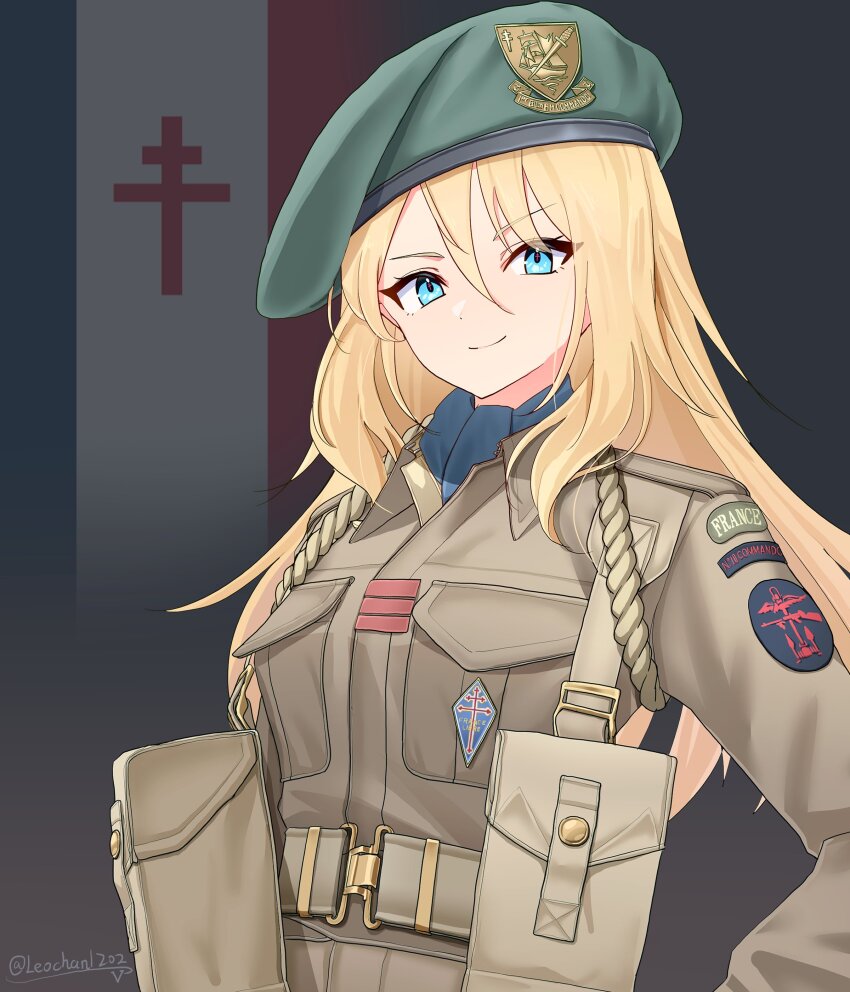 1girl absurdres ammunition_pouch aqua_eyes artist_name belt blonde_hair blue_scarf brown_belt brown_jacket closed_mouth flag_background french_flag green_hat hair_between_eyes hat hat_ornament highres jacket leochan1202 long_hair long_sleeves looking_at_viewer military military_uniform original patch pouch scarf shoulder_patch sidelocks smile socks solo unit_patch upper_body world_war_ii