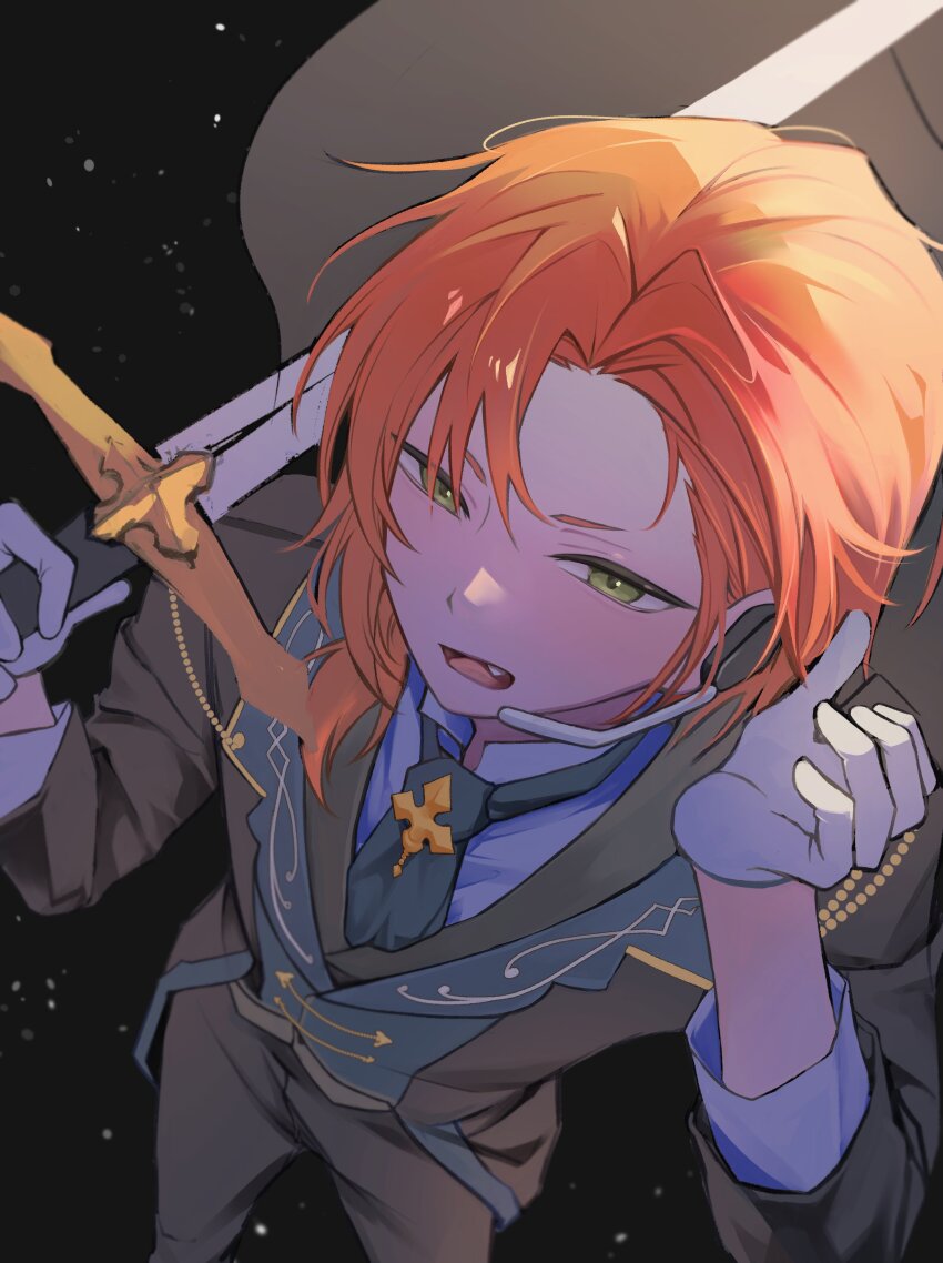 1boy absurdres alternate_costume arm_up black_background black_cape black_pants black_suit blue_necktie blue_vest brooch cape ensemble_stars! fang formal_clothes gloves green_eyes hair_between_eyes highres holding holding_sword holding_weapon jewelry korean_commentary light_particles medium_hair microphone necktie open_mouth orange_hair pants parted_lips qhrdjchqkq shirt side_ponytail solo suit sword tsukinaga_leo vest weapon white_gloves white_shirt