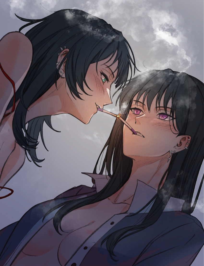 2girls absurdres bang_dream! bang_dream!_it&#039;s_mygo!!!!! black_hair blush breasts brown_hair chinese_commentary cigarette_kiss commentary_request earrings green_eyes hero45439083942 hickey highres jewelry long_hair looking_at_another medium_breasts multiple_girls open_clothes open_shirt parted_lips purple_eyes shiina_taki smoking strap_slip upper_body yahata_umiri yuri