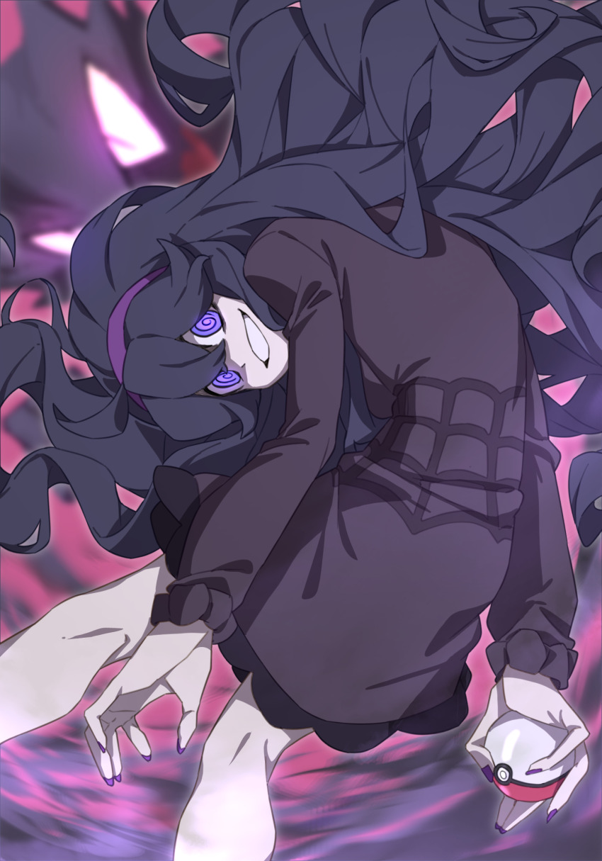 1girl @_@ dress gen_1_pokemon grin hair_between_eyes hairband haunter hex_maniac_(pokemon) highres holding holding_poke_ball kneepits leaning_forward long_hair messy_hair nintendo pale_skin poke_ball pokemon pokemon_(creature) pokemon_xy purple_dress purple_eyes purple_hair purple_hairband purple_nails smile takoongyi very_long_hair