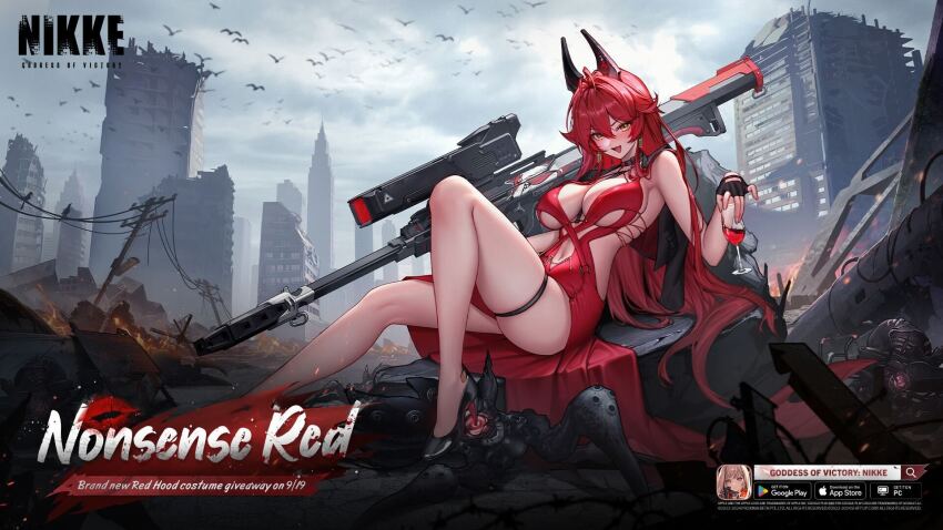 1girl alcohol anti-materiel_rifle barrett_m82a2 breasts bullpup cleavage cup drinking_glass goddess_of_victory:_nikke gun highres horns large_breasts lipstick_mark long_hair looking_at_viewer mechanical_horns navel official_alternate_costume official_art promotional_art rapture_(nikke) red_eyes red_hair red_hood_(nikke) red_hood_(nonsense_red)_(nikke) red_wine rifle sitting smile sniper_rifle solo weapon wine wine_glass