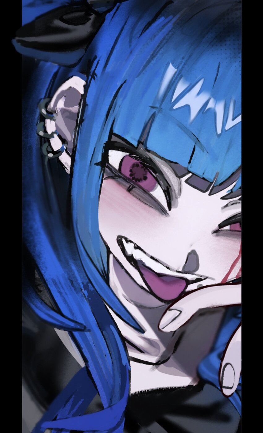 1girl amemiya_darumi bags_under_eyes black_bow black_hair blood bloody_tears blue_hair bow close-up ear_piercing face_piercing finger_to_mouth highres last_defense_academy_school_uniform lip_piercing looking_at_viewer multicolored_hair piercing pink_eyes teeth the_hundred_line_-last_defense_academy- tongue tongue_out twintails