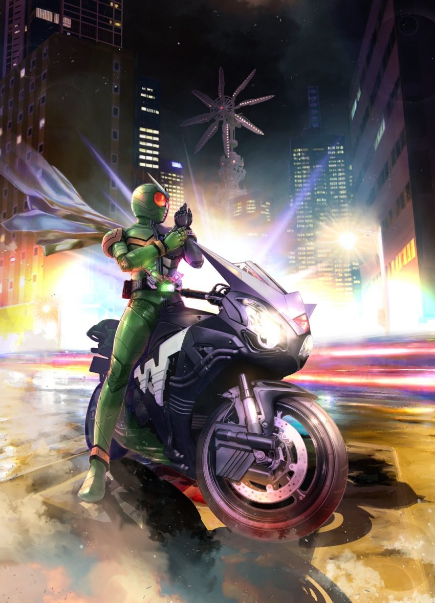 1boy adjusting_clothes adjusting_gloves anniversary antennae armor black_armor black_gloves celebration city cityscape double_driver fuuto_(city) fuuto_tantei gaia_memory gloves green_armor green_gloves highres kamen_rider kamen_rider_double kamen_rider_w motor_vehicle motorcycle red_eyes sato_masaki_(masayakofu) scarf sport_motorcycle white_scarf windmill