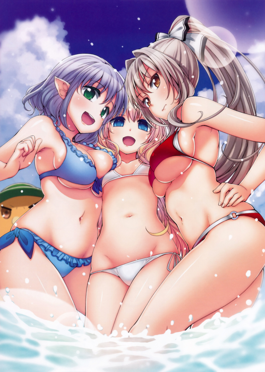 10s 3girls absurdres akino_sora amagi_brilliant_park artist_request asymmetrical_docking bikini blonde_hair blue_bikini blue_eyes blue_hair breast_press breasts brown_eyes cleavage day fisheye flat_chest green_eyes hand_on_own_hip highres huge_filesize large_breasts latifa_fleuranza light_brown_hair long_hair lowleg lowleg_bikini moffle multiple_girls muse_(amaburi) navel o-ring o-ring_bikini official_art outdoors pointy_ears ponytail red_bikini scan sento_isuzu side-tie_bikini_bottom sideboob swimsuit underboob wading white_bikini