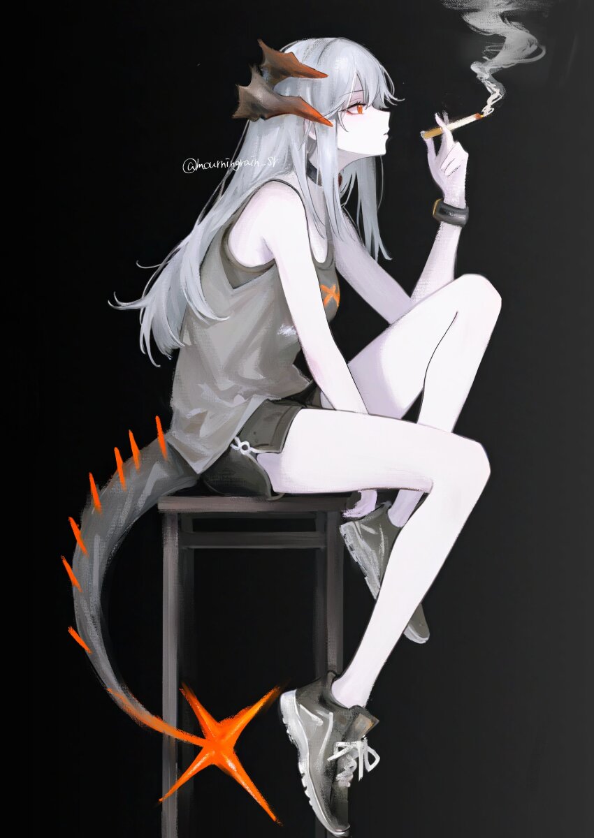 1girl absurdres arknights bare_shoulders black_background black_choker black_shorts breasts brown_horns choker cigarette commentary dolphin_shorts dragon_girl dragon_horns dragon_tail expressionless from_side full_body gradient_background gradient_horns grey_hair grey_tank_top highres holding holding_cigarette horns legs limited_palette long_hair long_sidelocks looking_ahead medium_breasts mourningrain_sr multicolored_horns on_stool orange_eyes orange_horns parted_lips profile saria_(arknights) shoes shorts sidelocks sitting smoke smoke_trail smoking sneakers solo spot_color stool tail tank_top thighs twitter_username wristband