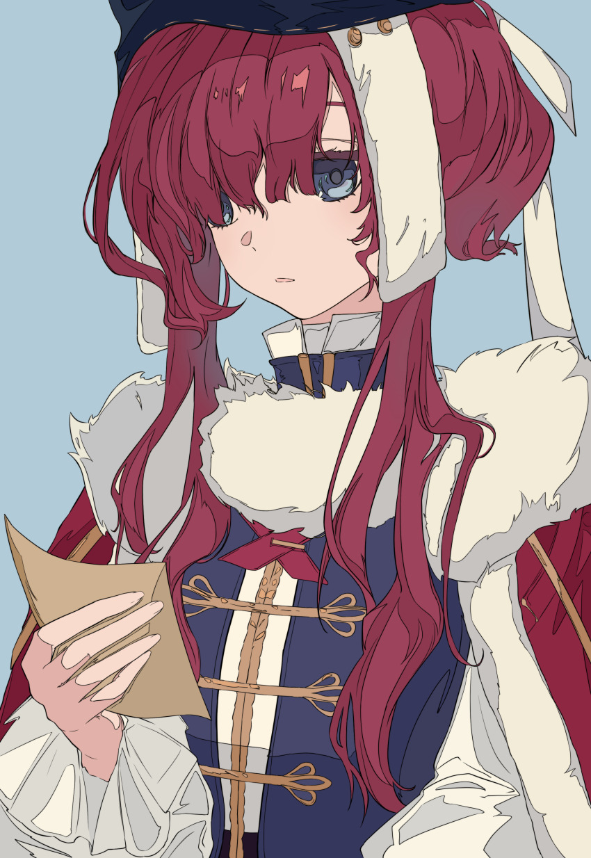 1girl absurdres black_vest blue_background blue_eyes cape coat cross_tie fur-trimmed_coat fur_trim hand_up highres long_hair parted_lips red_cape red_hair reverse:1999 shirt solo upper_body vest white_shirt xiao_jin_caoooooooi yenisei_(reverse:1999)