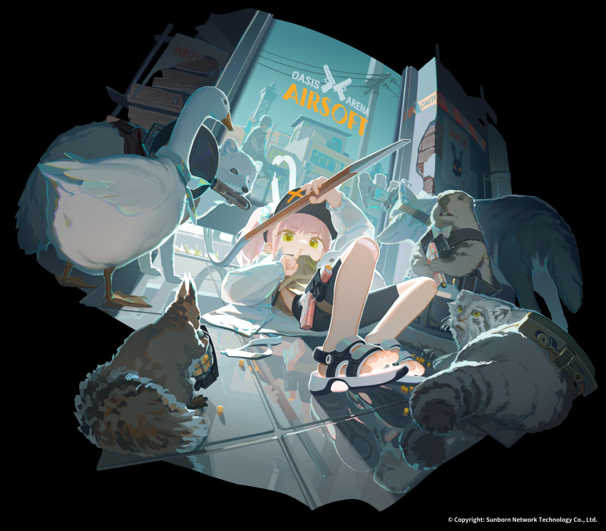 1girl absurdres animal black_shorts character_request chinese_commentary commentary_request english_text finger_to_mouth girls&#039;_frontline girls&#039;_frontline_neural_cloud green_eyes highres long_sleeves official_art parted_lips pink_hair sandals shorts side_ponytail solo tianliang_duohe_fangdongye toes