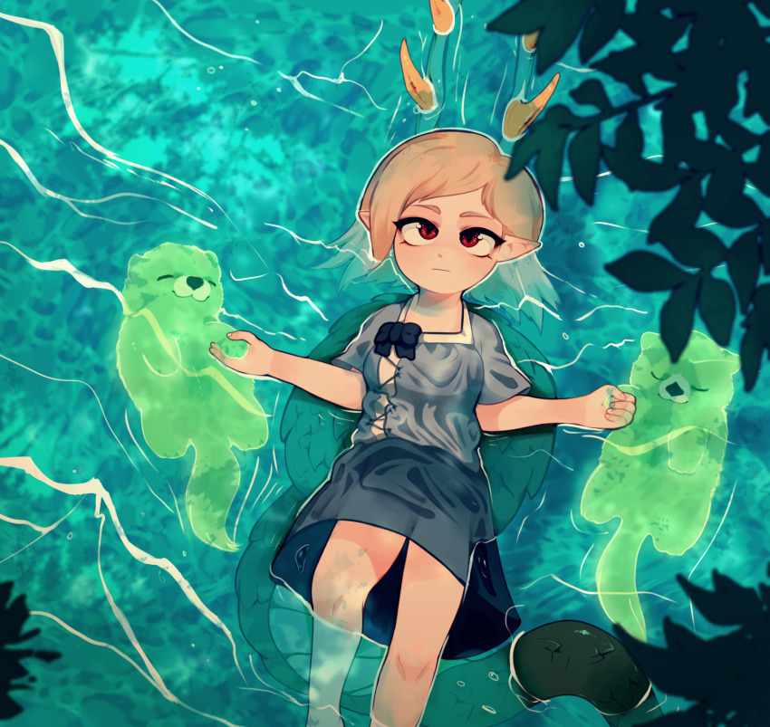 1girl afloat animal antlers blonde_hair blue_shirt blue_skirt bow clem_(calmeremerald) dragon_tail expressionless feet_out_of_frame highres horns kicchou_yachie leaf lying medium_hair on_back otter otter_spirit_(touhou) partially_submerged pointy_ears red_eyes shell shirt skirt tail touhou water