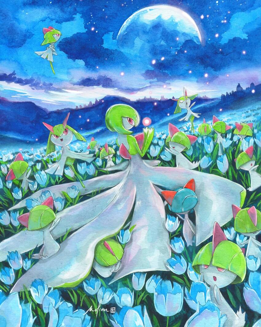 blue_flower bob_cut bowl_cut colored_skin dress evolutionary_line field flower flower_field gardevoir gen_3_pokemon green_hair green_skin highres horns kirlia mofinngram moon multicolored_skin night night_sky nintendo outdoors painting_(medium) pink_eyes pokemon pokemon_(creature) ralts sidelocks sky traditional_media two-tone_skin watercolor_(medium) white_dress white_skin
