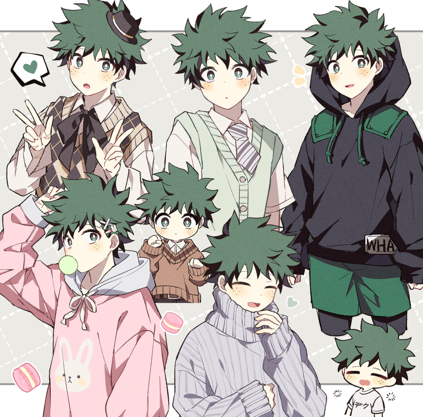 1boy alternate_costume black_hat black_hoodie black_ribbon blowing_bubble_gum blowing_bubbles boku_no_hero_academia border brown_sweater character_name chewing_gum closed_eyes coi_mha collared_shirt cropped_legs double_v freckles green_eyes green_hair green_shorts green_sweater_vest grey_background grey_sweater grid_background hair_ornament hairclip hand_to_own_mouth hat heart highres hood hood_down hoodie laughing letterboxed male_focus midoriya_izuku mini_hat neck_ribbon necktie parted_lips pink_hoodie plaid_clothes plaid_sweater_vest plaid_vest rabbit_hair_ornament ribbon shirt short_hair short_sleeves shorts sleeves_past_wrists smile solo spoken_heart squeans striped_necktie sweater sweater_vest t-shirt turtleneck turtleneck_sweater upper_body v vest white_border white_shirt x_hair_ornament