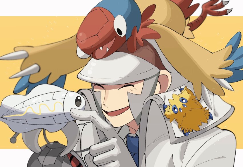 1boy ant antennae archen bird black_eyes blue_eyes blue_necktie bug claws closed_eyes coat collared_shirt dinosaur durant eel emmet_(pokemon) fangs feathered_wings feathers fins fish gen_5_pokemon gloves hat highres insect joltik mandibles necktie nintendo open_mouth pokemon pokemon_(creature) pokemon_bw red_eyes sankakuzirusis shirt smile spider tick tynamo white_coat white_gloves white_hat white_shirt wings yellow_background yellow_fur