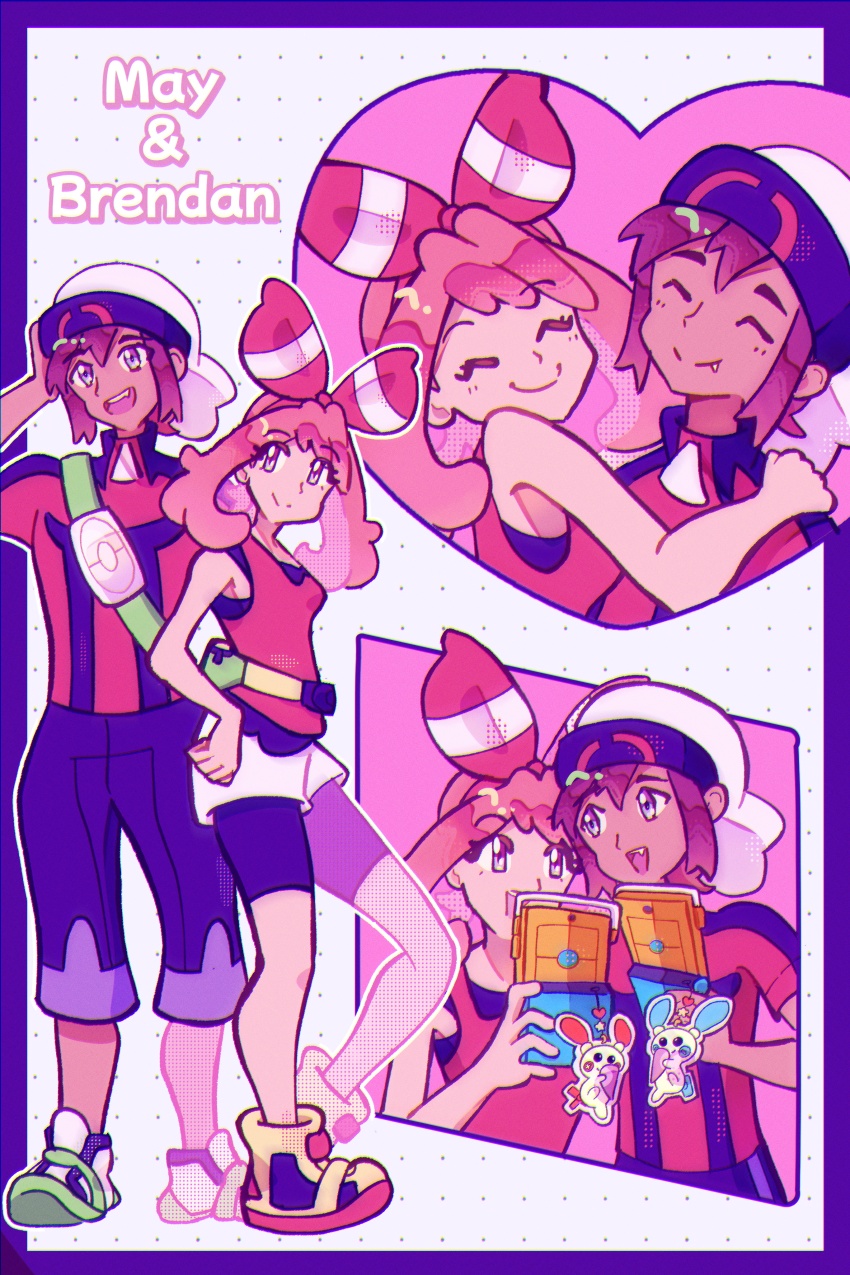 absurdres bag bandana blue_eyes border brendan_(pokemon) brown_hair character_name closed_eyes commentary english_commentary fang gen_3_pokemon hand_on_own_hip heart hetero highres holding holding_phone lexie&#039;s_doodles may_(pokemon) medium_hair minun nintendo open_mouth outside_border phone plusle pokemon pokemon_(creature) pokemon_oras purple_border red_bandana shoes short_hair shoulder_bag smile standing white_background