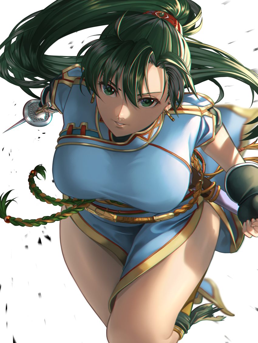 1girl absurdres blue_dress breasts delsaber dress earrings fingerless_gloves fire_emblem fire_emblem:_the_blazing_blade from_above gloves green_eyes green_hair high_ponytail highres holding jewelry katana large_breasts long_hair looking_at_viewer lyn_(fire_emblem) medium_breasts nintendo pelvic_curtain ponytail rope_belt scabbard sheath side_slit simple_background smile solo sword very_long_hair weapon white_background yellow_trim