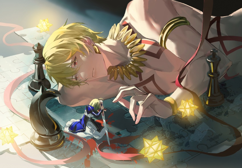 1boy 1girl absurdres ahoge anyuqiushui724 artoria_pendragon_(fate) blonde_hair blood body_markings chess_piece dress earrings excalibur_(fate/stay_night) fate/grand_order fate_(series) gilgamesh_(fate) gold_armlet highres holding holding_sword holding_weapon jewelry jigsaw_puzzle long_sleeves looking_at_another lying mini_person minigirl necklace on_ground on_side planted planted_sword planted_weapon puzzle red_eyes saber_(fate) saint_quartz_(fate) short_hair sitting sword topless_male weapon