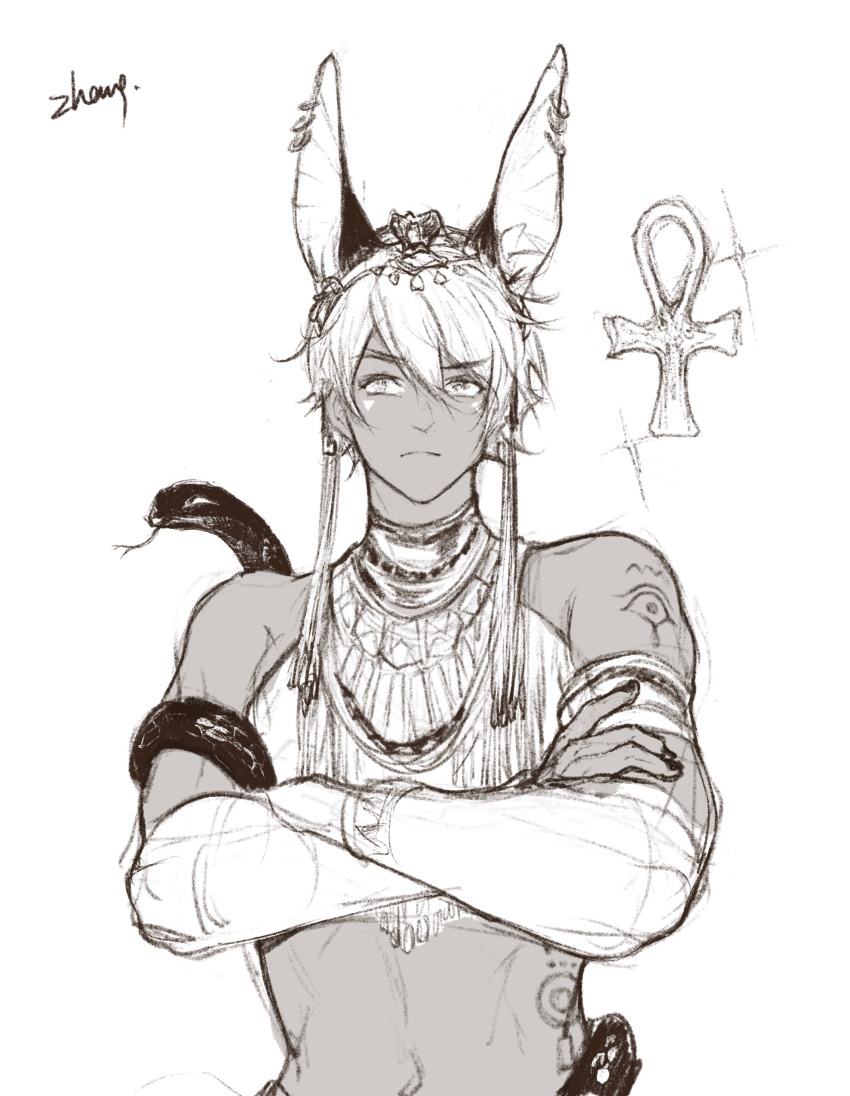 1boy absurdres animal_ear_fluff animal_ear_piercing animal_ears armlet belt bridal_gauntlets character_request chinese_commentary circlet closed_mouth commentary_request copyright_request crop_top dark-skinned_male dark_skin dog_ears earrings extra_ears eye_of_horus fingernails frown furrowed_brow greyscale hair_between_eyes highres hoop_earrings jewelry male_focus marking_on_cheek midriff monochrome multiple_earrings multiple_piercings navel short_hair shoulder_tattoo simple_background sketch snake solo sparkle stars_zhangzhang stomach_tattoo tattoo thick_eyebrows toned toned_male upper_body white_background