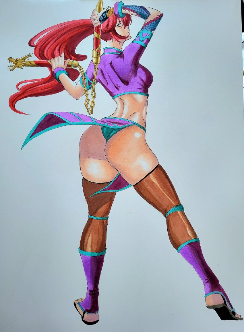 1girl ass breasts crop_top from_behind highres killer_instinct kim_wu large_breasts long_hair ninja nunchaku octavius_dp pelvic_curtain ponytail red_hair short_sleeves thighhighs thong weapon
