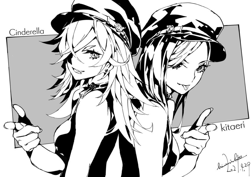 2girls back-to-back cabbie_hat character_name cinderella_(sinoalice) crossed_bangs crossover dated earrings fang finger_gun grey_background greyscale grin hair_over_one_eye hat highres himiko_(326ontheweb) jewelry kitamura_eri long_hair monochrome multiple_girls parted_bangs pointing pointing_at_viewer real_life shirt signature simple_background sinoalice sleeveless sleeveless_shirt smile stud_earrings tongue tongue_out two-tone_background white_background