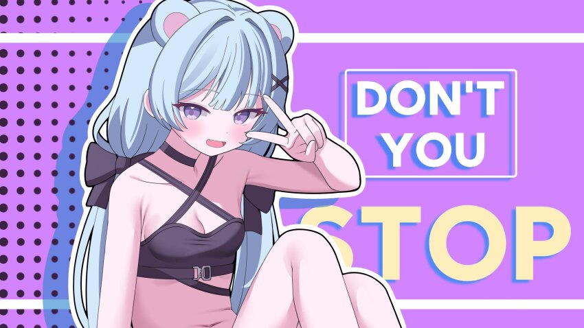 1girl animal_ears bare_shoulders blue_hair blush breasts collarbone criss-cross_halter hair_ornament halftone halftone_background halterneck highres hiyayo25 indie_virtual_youtuber long_hair looking_at_viewer low_twintails mandii navel open_mouth purple_background purple_eyes sitting smile solo twintails v very_long_hair virtual_youtuber