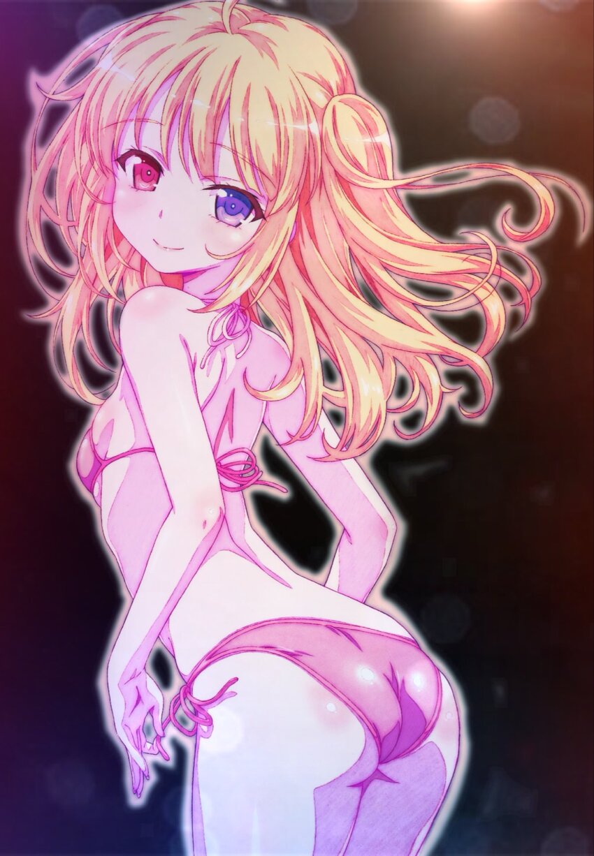 1girl ass bare_shoulders bikini black_background blonde_hair blue_eyes blush boku_wa_tomodachi_ga_sukunai breasts closed_mouth commentary_request cosplay from_behind gradient_background hasegawa_kobato heterochromia highres kigurumi lens_flare loli long_hair looking_at_viewer looking_back median_furrow pink_bikini purple_eyes red_eyes revision shoulder_blades side-tie_bikini_bottom small_breasts smile solo string_bikini swimsuit two_side_up untying watanabe_yoshihiro