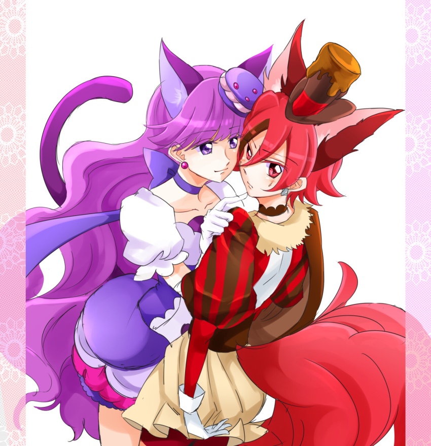 2girls animal_ears brown_hat cat_ears cat_girl cat_tail choker closed_mouth cure_chocolat cure_macaron dog_ears dog_girl dog_tail dress hat highres kenjou_akira kirakira_precure_a_la_mode komanana320 kotozume_yukari multiple_girls precure purple_choker purple_dress purple_eyes purple_hair purple_hat red_choker red_eyes red_hair red_shirt shirt skirt smile tail yellow_skirt