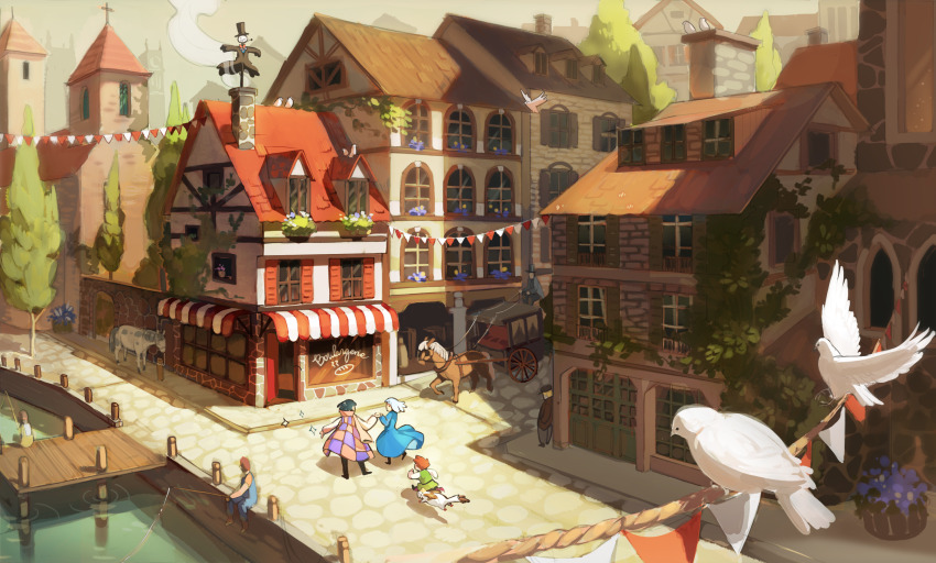 2girls 4boys bakery bird black_pants blue_dress blue_flower blue_overalls blue_suit bollard boots brown_horse building carriage chimney chiou! church cityscape coat cobblestone commentary cross day door dormer dove dress english_commentary fishing fishing_rod flower formal_clothes green_hair green_vest grey_sky heel_up highres holding holding_hands holding_reins howl_(howl_no_ugoku_shiro) howl_no_ugoku_shiro ivy multicolored_coat multiple_boys multiple_girls overalls pants pier planter red_hair reins ripples road running scarecrow scenery shadow shirt shop sidewalk sky smoke sophie_(howl_no_ugoku_shiro) standing street string_of_flags suit town tree two-tone_coat vest water wharf white_hair white_shirt window