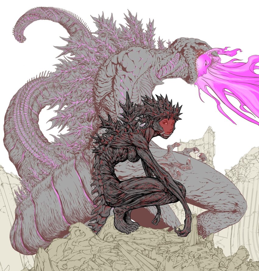 2girls breasts claws closed_mouth completely_nude dan_dagouglas fiery_hair fire flaming_head full_body godzilla godzilla_(series) godzilla_(shin) highres hunched_over kaiju looking_at_viewer looking_down monster_girl multiple_girls multiple_heads nude personification pink_fire pink_hair red_eyes reptile_girl rubble shin_godzilla short_eyebrows small_breasts spines squatting standing tail tail_head tail_mouth toho white_background